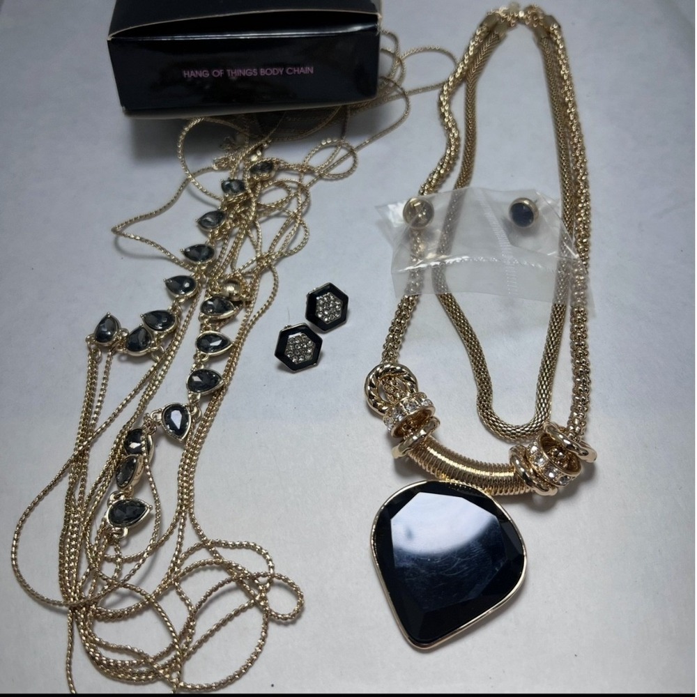 Gold Tone Black Statement Necklace Body Chain & Earrings‎ Jewelry Lot Set 4pc